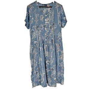 LA Cera Blue Floral XL Country Button Up Dress VTG Cottagecore 90s mature